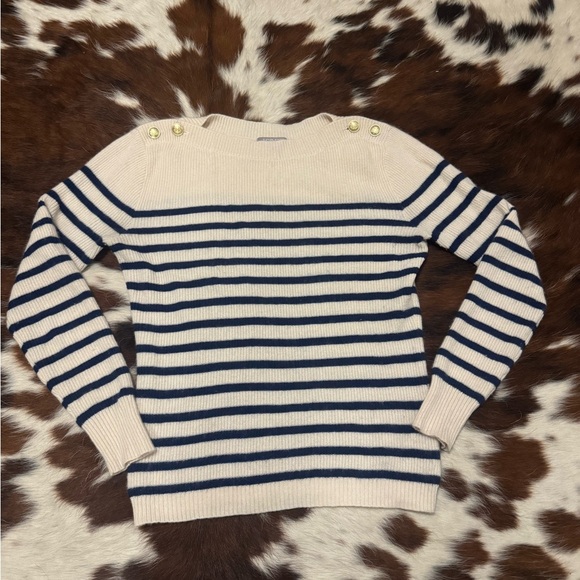 J.Crew Cashmere Navy Blue Striped Boatneck Sweater With Shoulder Button - Picture 2 of 4